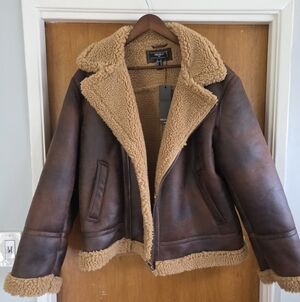 Men's Forever 21 Brown Faux Suede Vegan Sherpa Jacket XL Aviator Pilot